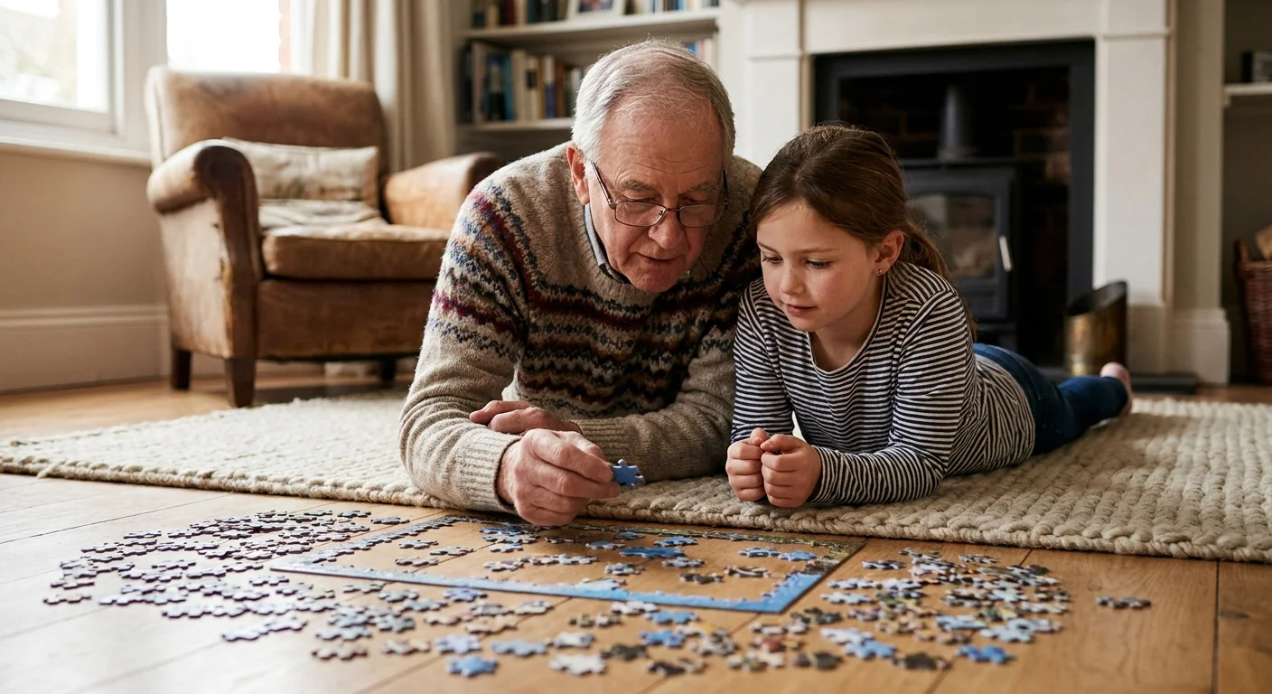 A grandfather and granddaughter lying on a rug, working together on a jigsaw puzzle in a cozy living room.