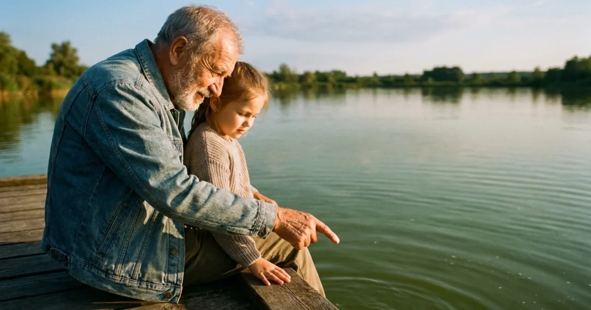 A grandfather and granddaughter sitting on a wooden dock at sunset, sharing a quiet moment looking into the water.
