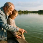 A grandfather and granddaughter sitting on a wooden dock at sunset, sharing a quiet moment looking into the water.