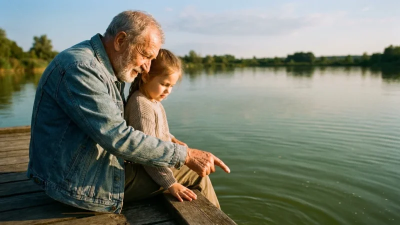 A grandfather and granddaughter sitting on a wooden dock at sunset, sharing a quiet moment looking into the water.