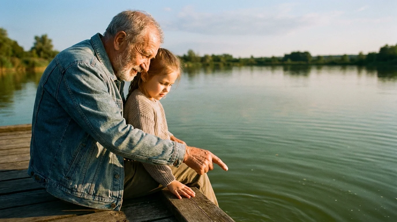 A grandfather and granddaughter sitting on a wooden dock at sunset, sharing a quiet moment looking into the water.