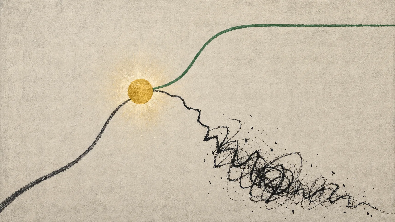 A graphic line splitting at a golden point, with one path becoming stable and the other becoming a chaotic scribble.