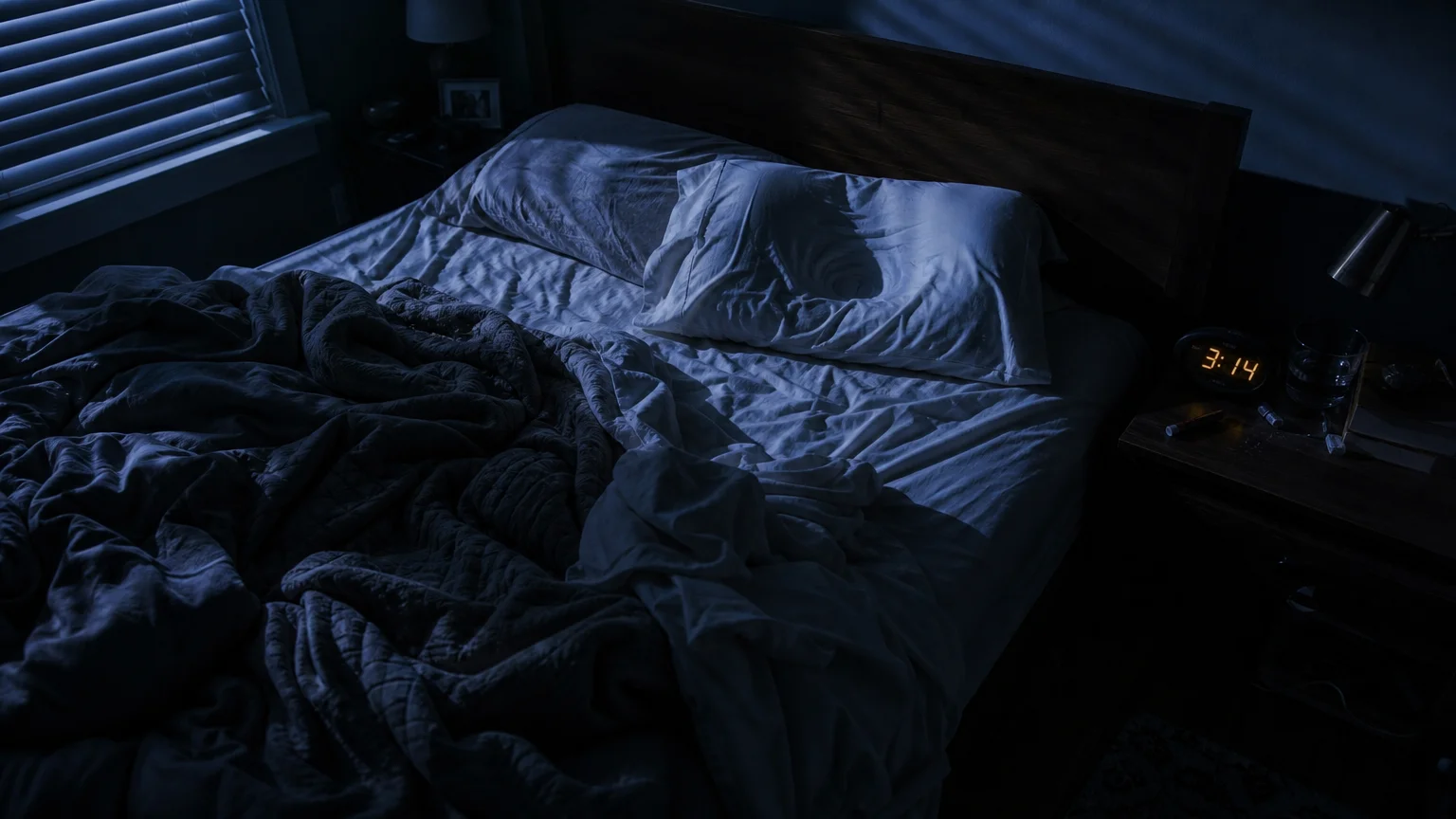 A high-angle photograph of a tangled, empty bed at 3:14 AM, illuminated by cool moonlight, showing signs of restless sleep.