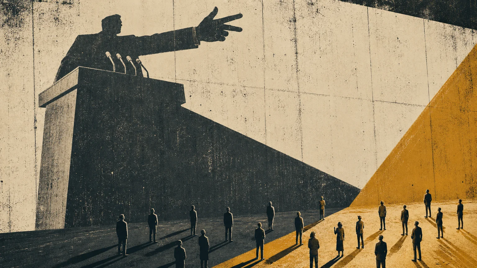 A high-contrast screenprint illustration showing a giant shadow of a hand over small figures, symbolizing dominance and authority.