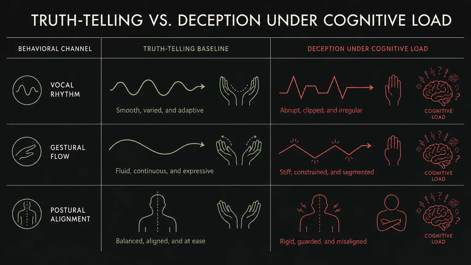 A horizontal comparative diagram contrasting truth-telling behaviors with deception signals under cognitive load.