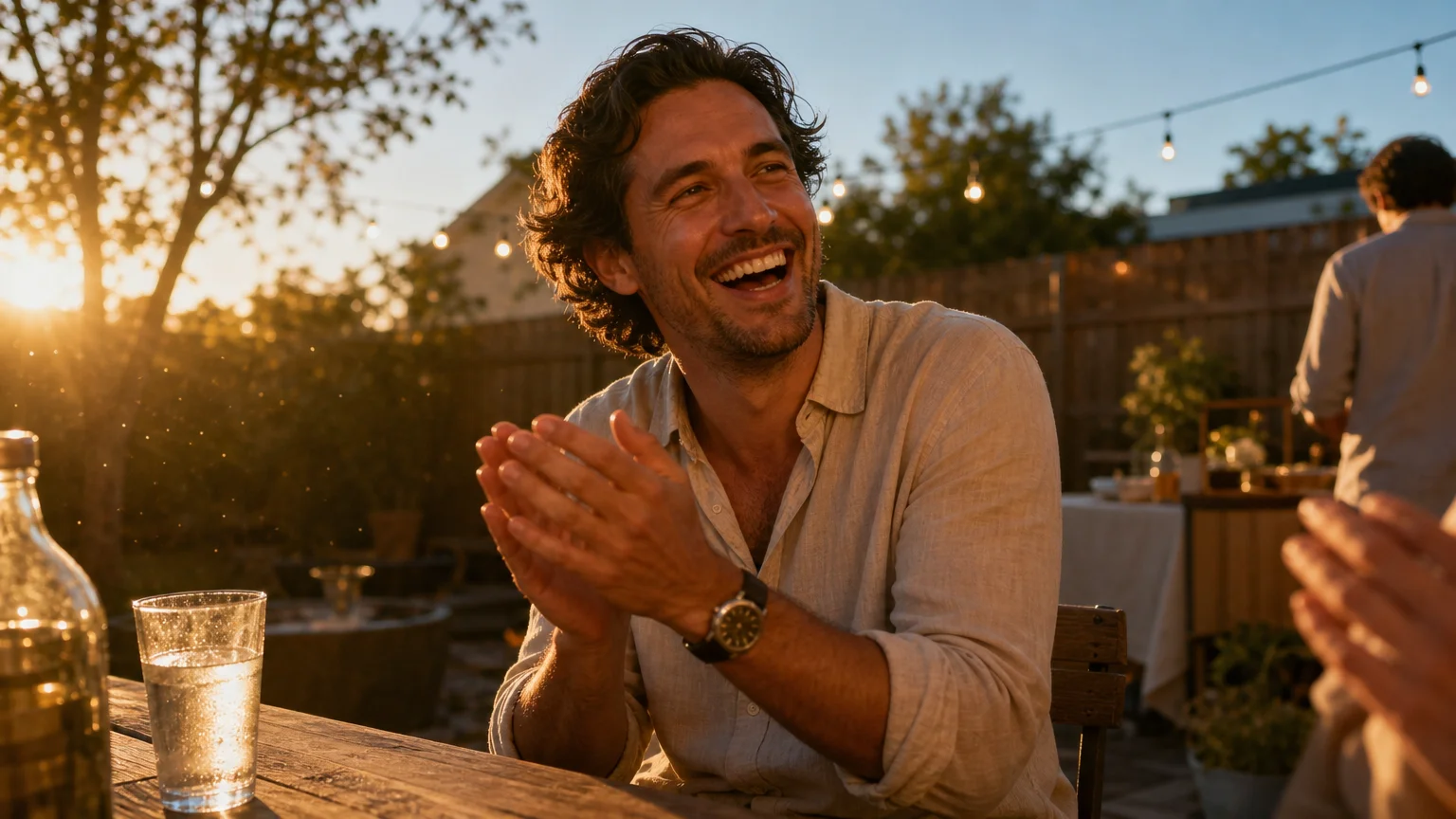 A man laughing and clapping for a friend in a backyard at sunset, showing genuine joy for another's success.