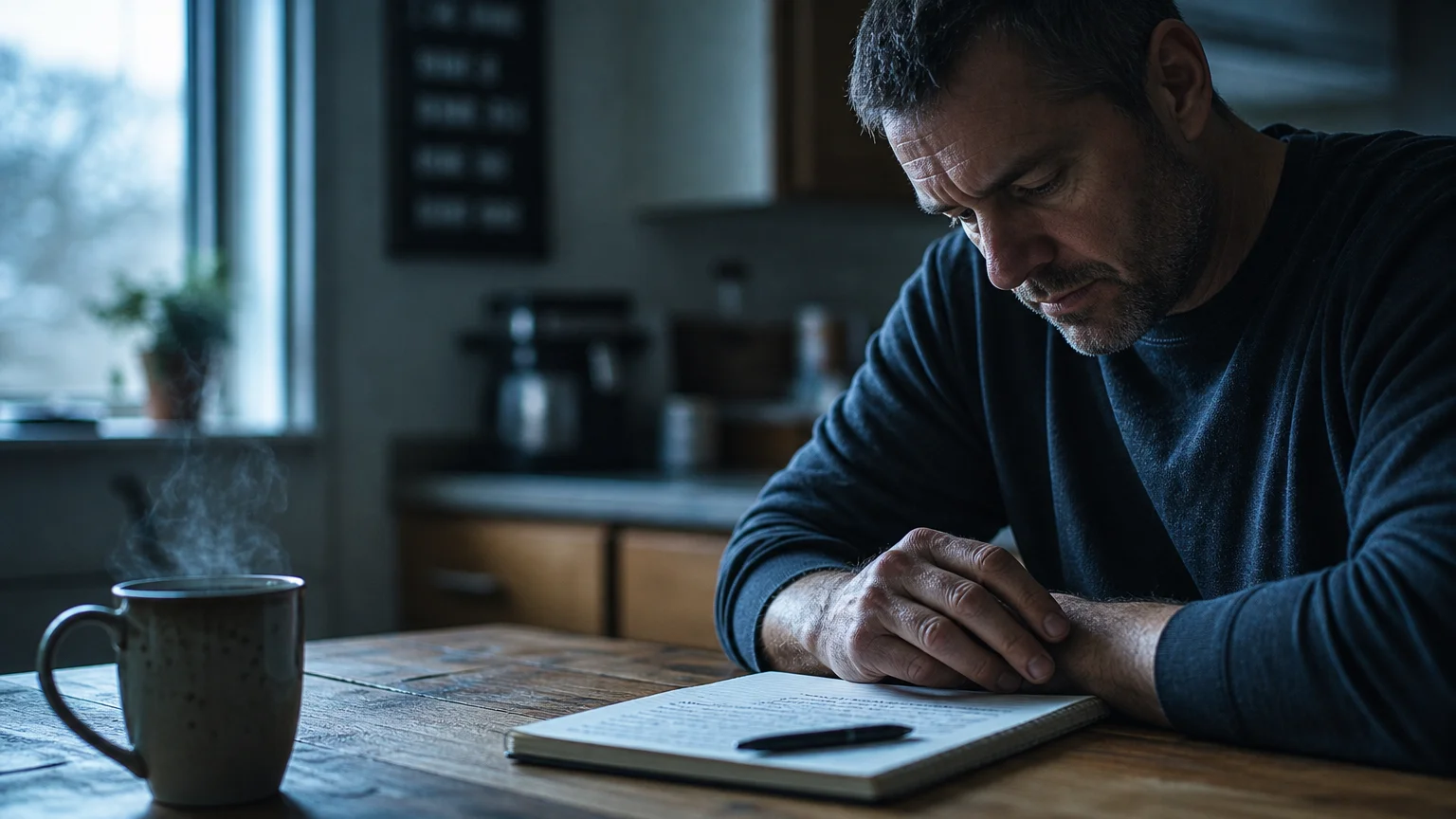 A man reflecting at his kitchen table, showing the quiet humility required to admit to being wrong.