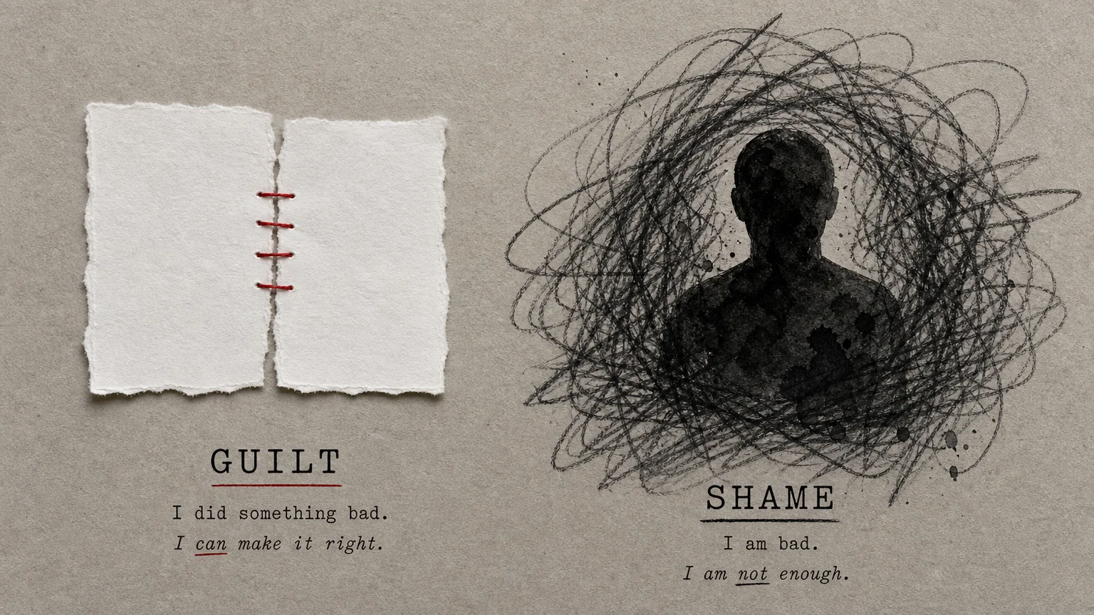 A minimalist collage contrasting a mended paper tear (guilt) with a dark, ink-stained silhouette (shame) on a split background.