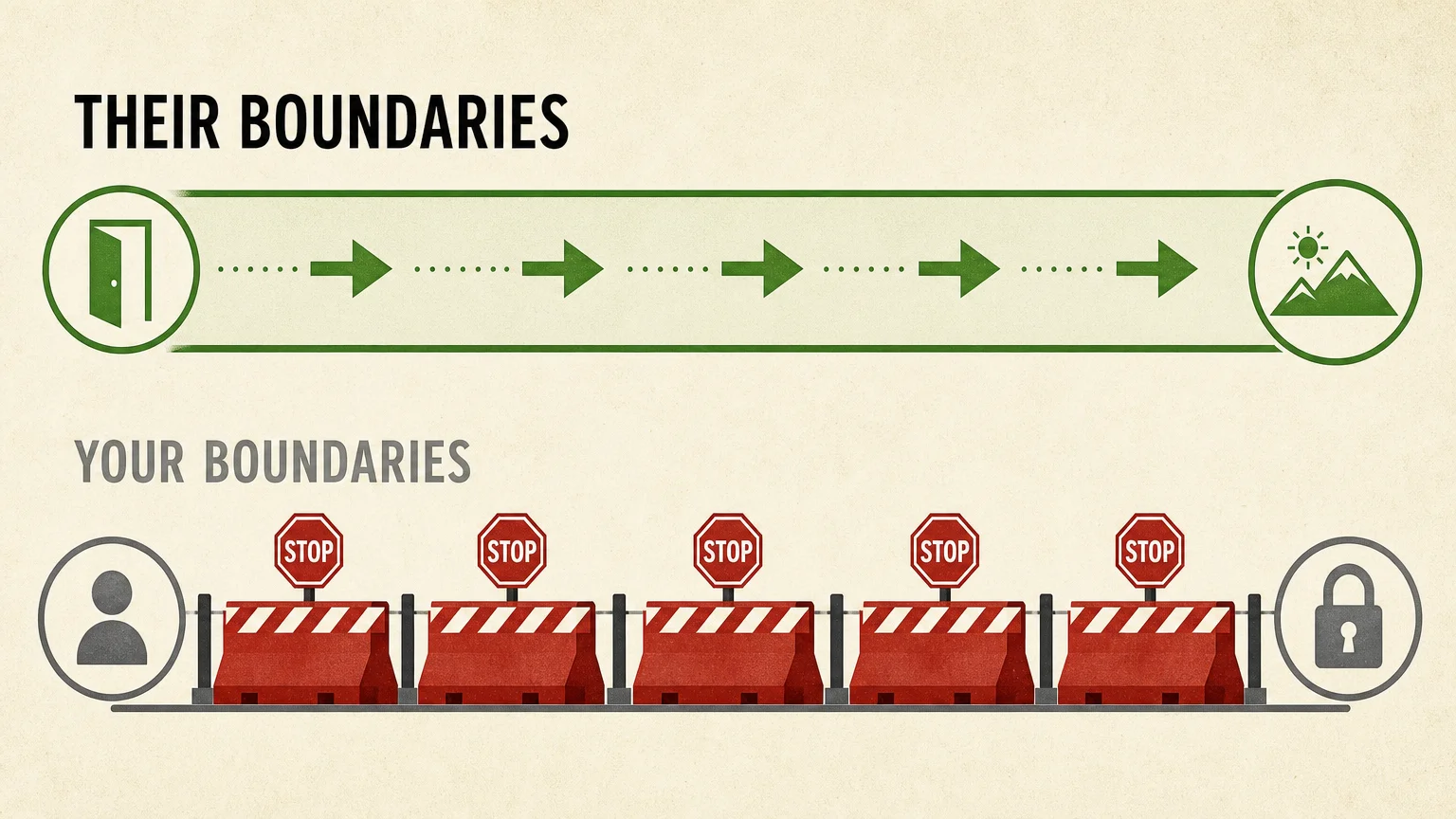 A minimalist diagram showing 'their boundaries' as a clear open path and 'your boundaries' as a path blocked by red barricades.