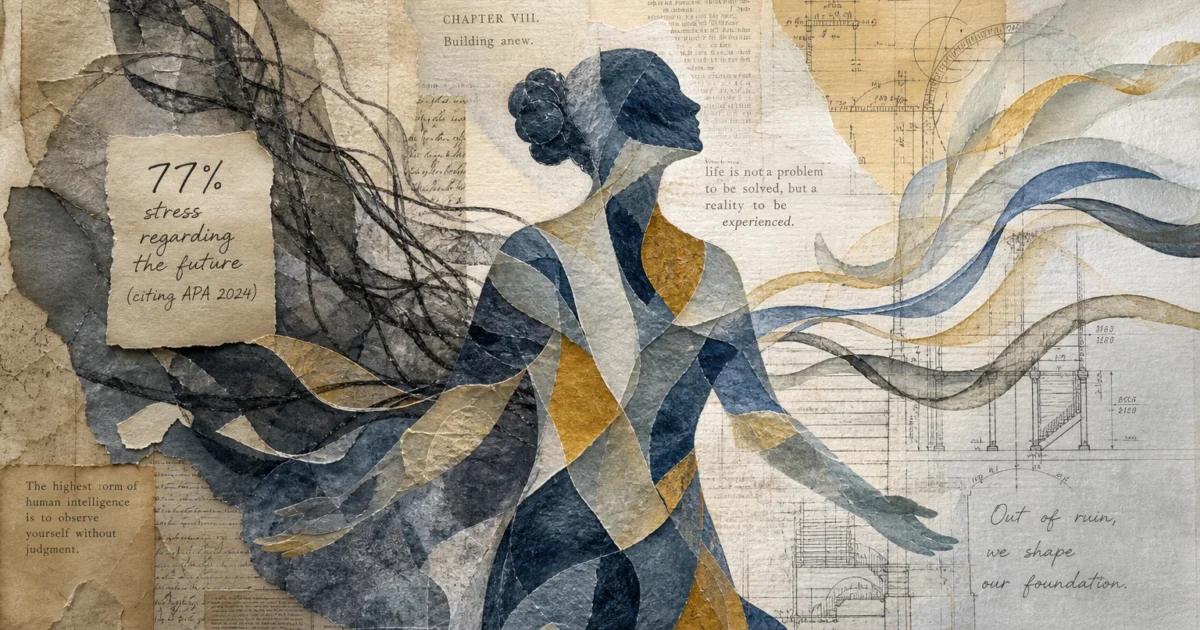 A mixed media collage of a figure made of layered paper and watercolor, symbolizing emotional flexibility and resilience.