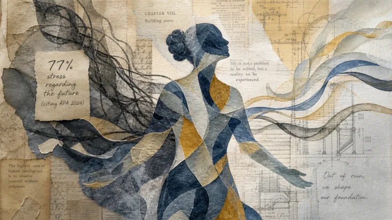 A mixed media collage of a figure made of layered paper and watercolor, symbolizing emotional flexibility and resilience.