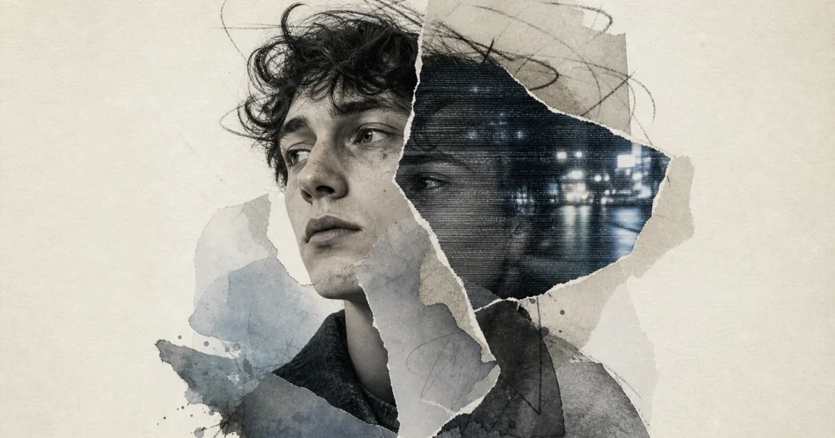 A mixed media collage of a person's face with shifting, layered textures and torn paper edges symbolizing a mental break.