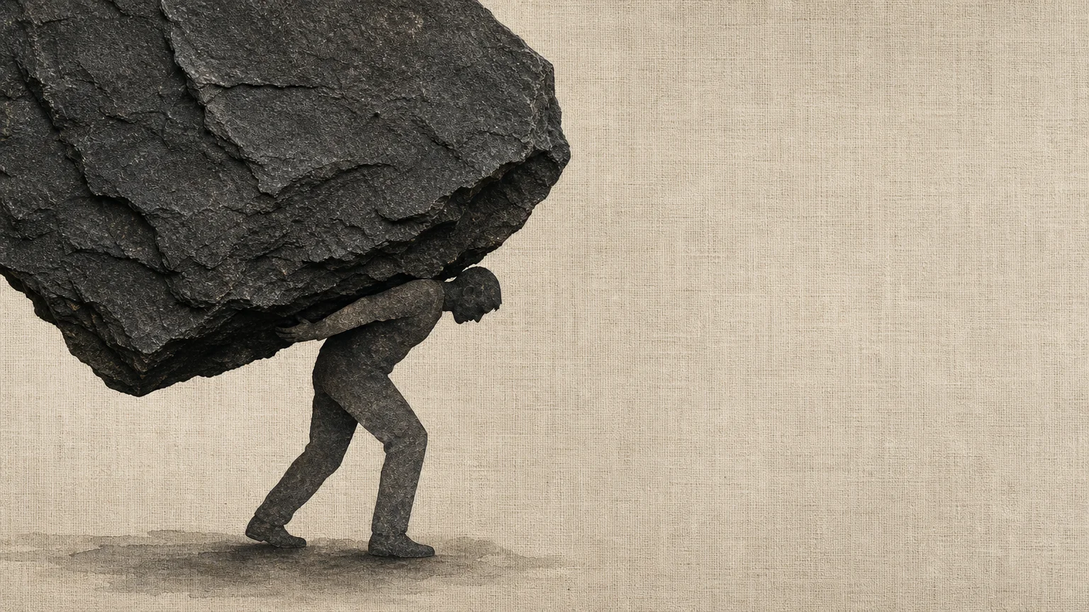 A mixed-media collage of a stylized paper figure hunched under the physical weight of a large, heavy dark stone, symbolizing guilt.