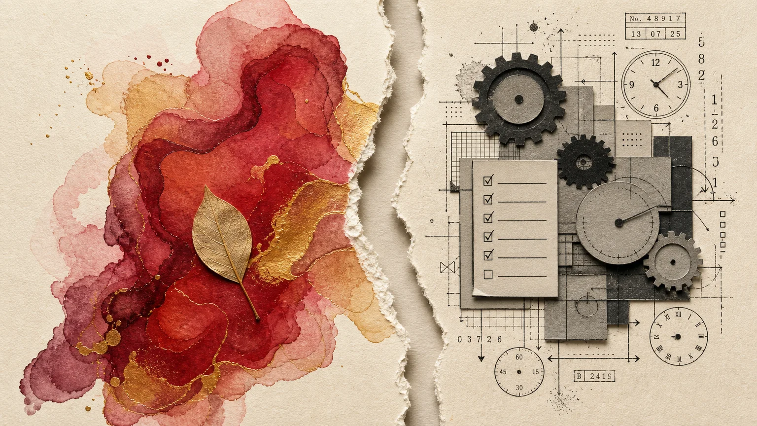 A mixed media piece showing a fluid watercolor shape separated by a physical tear from a rigid mechanical diagram of gears.