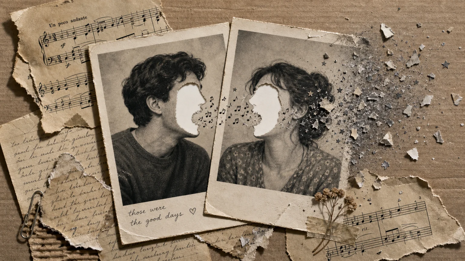 A paper collage of vintage photos of a couple with their laughing faces cut out, leaving empty white spaces.