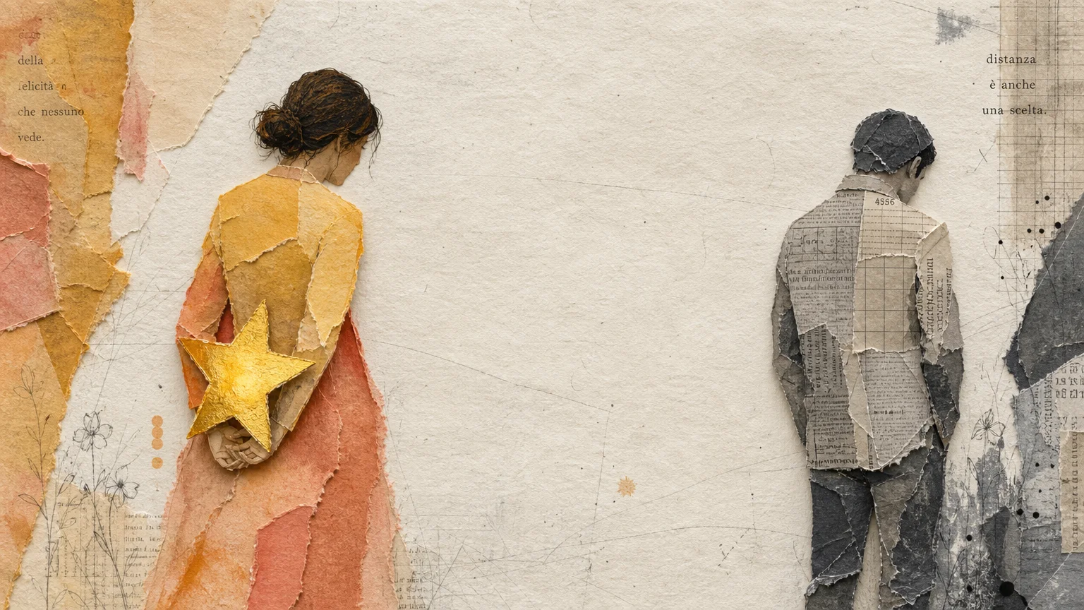 A paper-craft collage of a person hiding a glowing golden star behind their back, away from an indifferent figure made of gray newspaper.