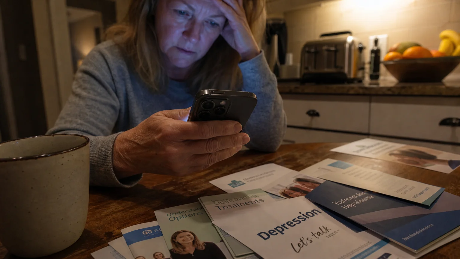 A parent looking worriedly at a smartphone in a dimly lit kitchen, with papers on the table.