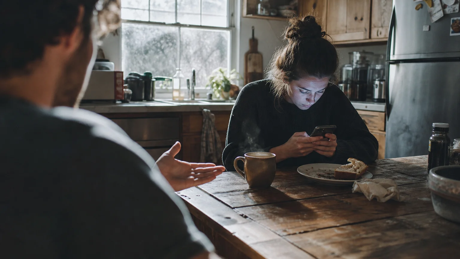 A partner at a kitchen table stares down at a glowing phone screen, ignoring their partner who is partially visible in the foreground.
