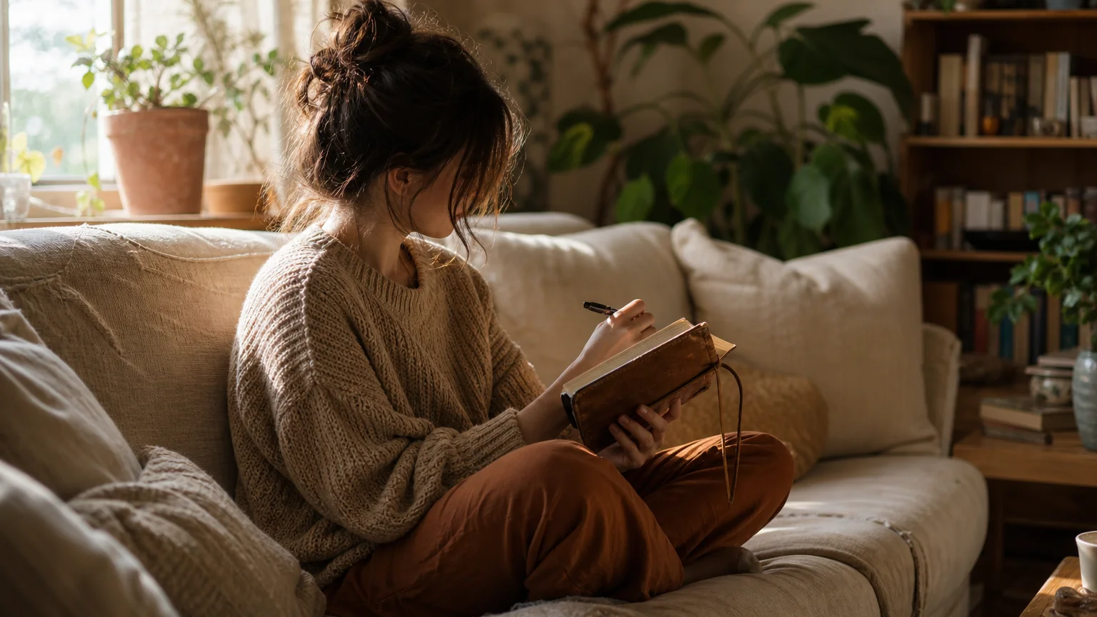 A person in a knit sweater sits on a sunlit sofa writing in a journal, bathed in soft morning light.