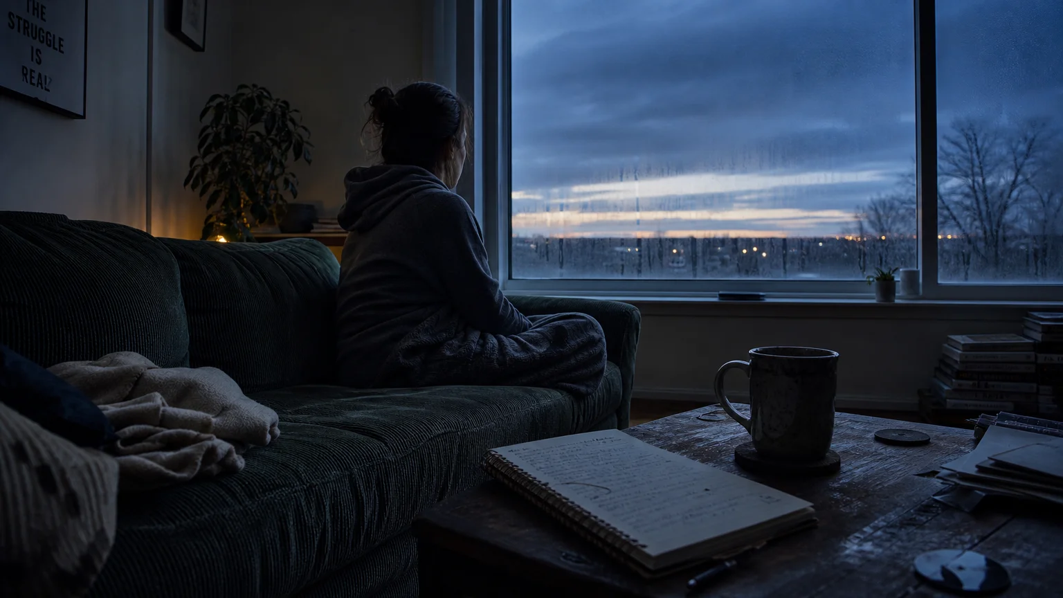 A person sits alone on a sofa at dusk, looking out a window, capturing a mood of reflection and fatigue.
