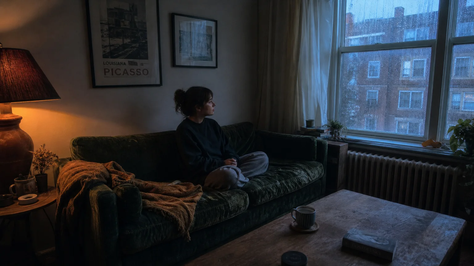 A person sits quietly on a sofa in a dimly lit room, choosing to feel their emotions rather than distracting themselves.
