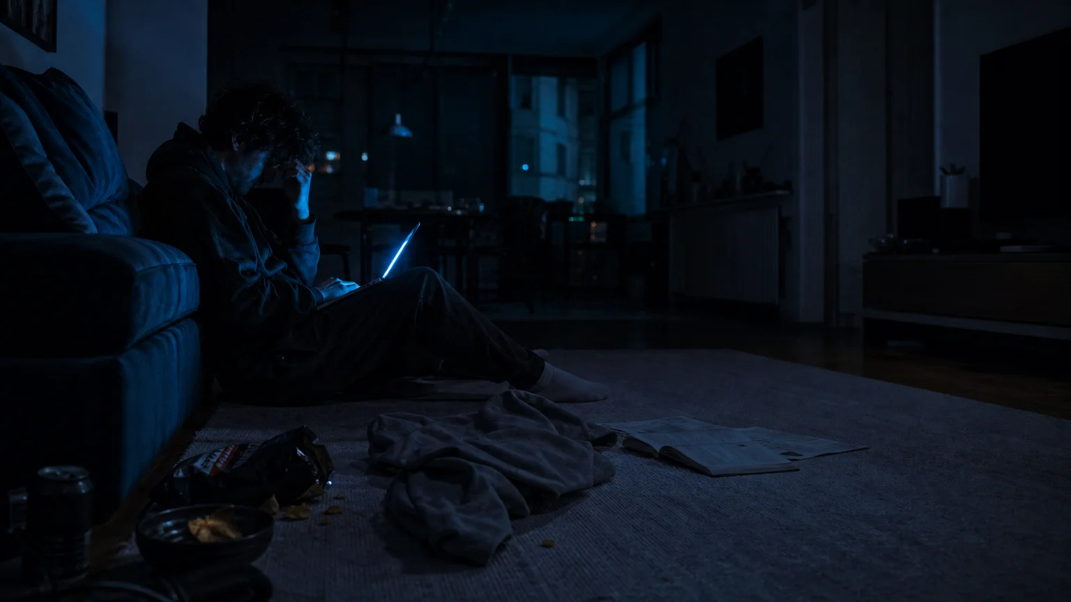 A person sitting on the floor in a dark room, lit only by a laptop screen, looking overwhelmed.