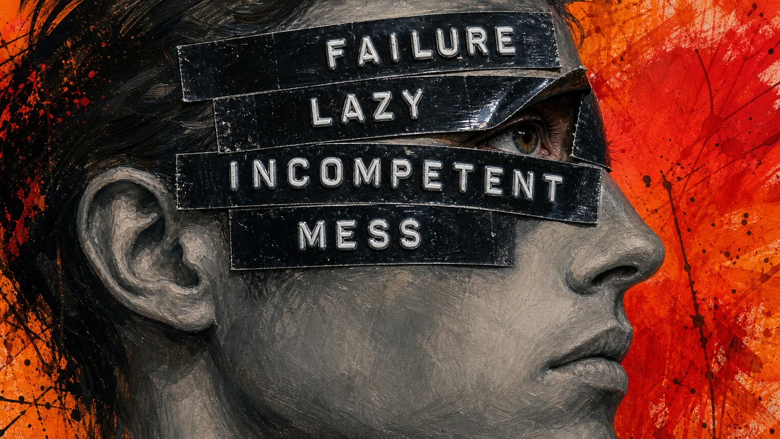 A person's profile with plastic labels like 'FAILURE' and 'LAZY' stuck across their forehead.