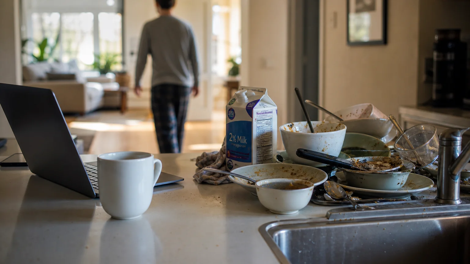 A photo of a clean counter space next to a messy pile of dirty dishes, with a blurred figure walking away in the background.