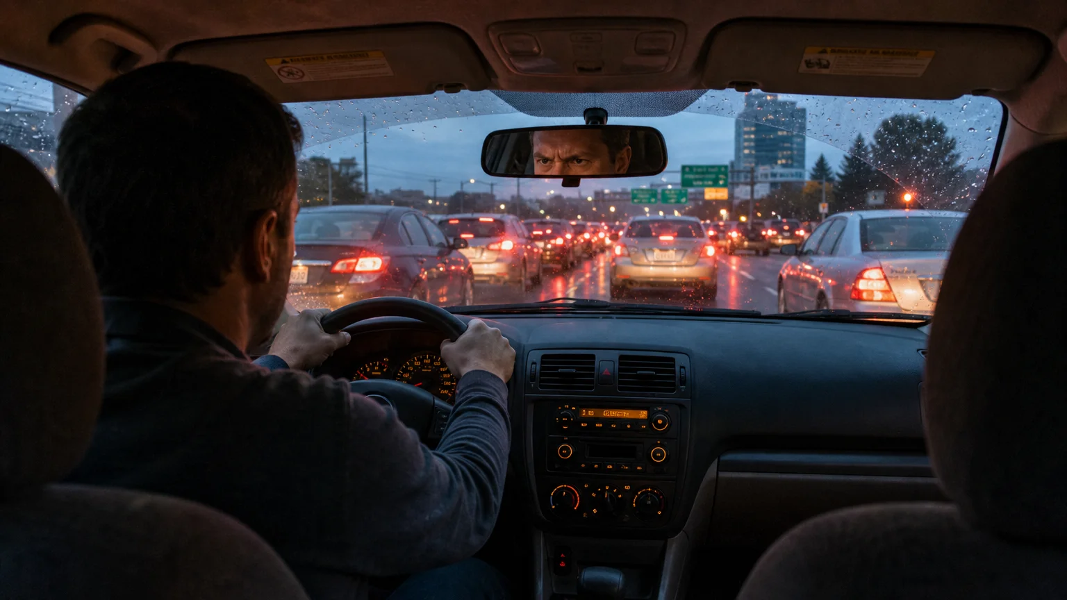 A photograph from inside a car showing a driver looking stressed in traffic, symbolizing the habit of blaming external factors.