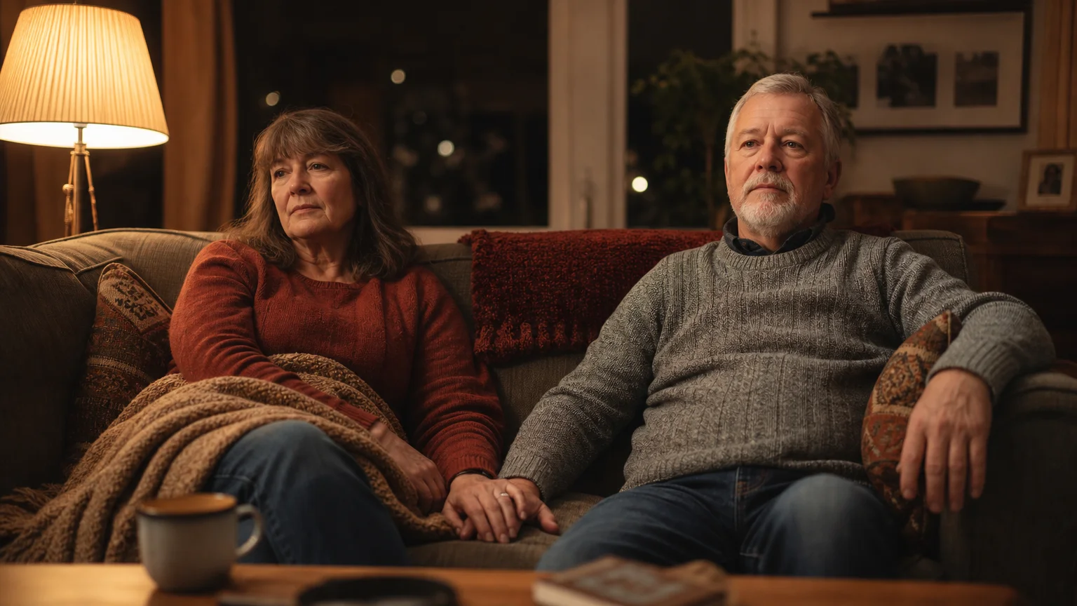 A photograph of a couple sitting on a sofa in warm evening light, their hands gently touching on the cushion in silent support.