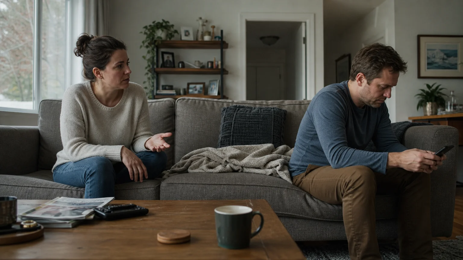 A photograph of a couple sitting on opposite ends of a sofa, one trying to speak while the other stare blankly at their phone.