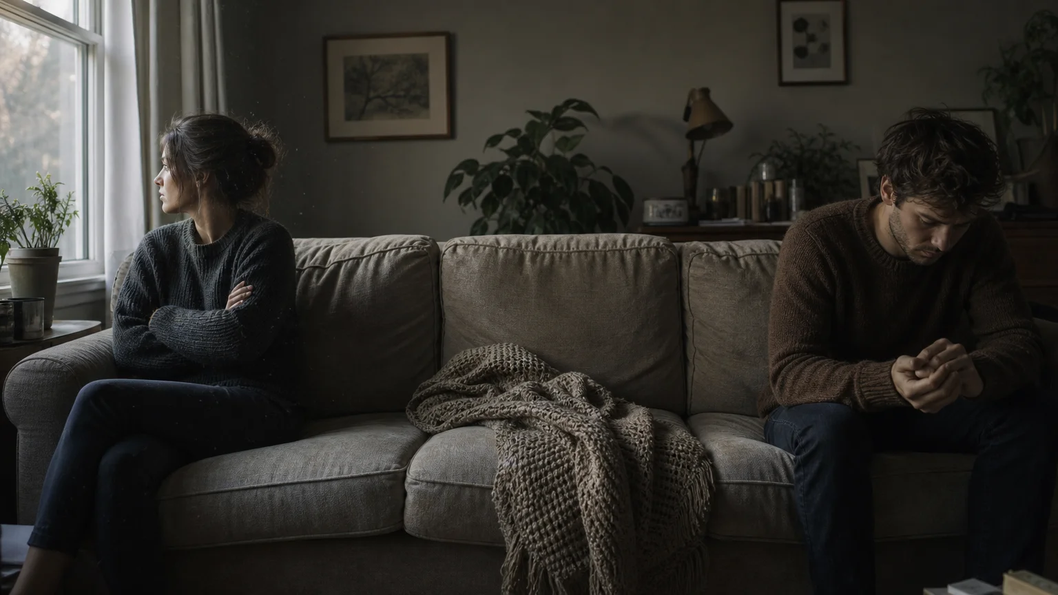 A photograph of a couple sitting on opposite ends of a sofa, one turning away and stonewalling the other during a tense moment.