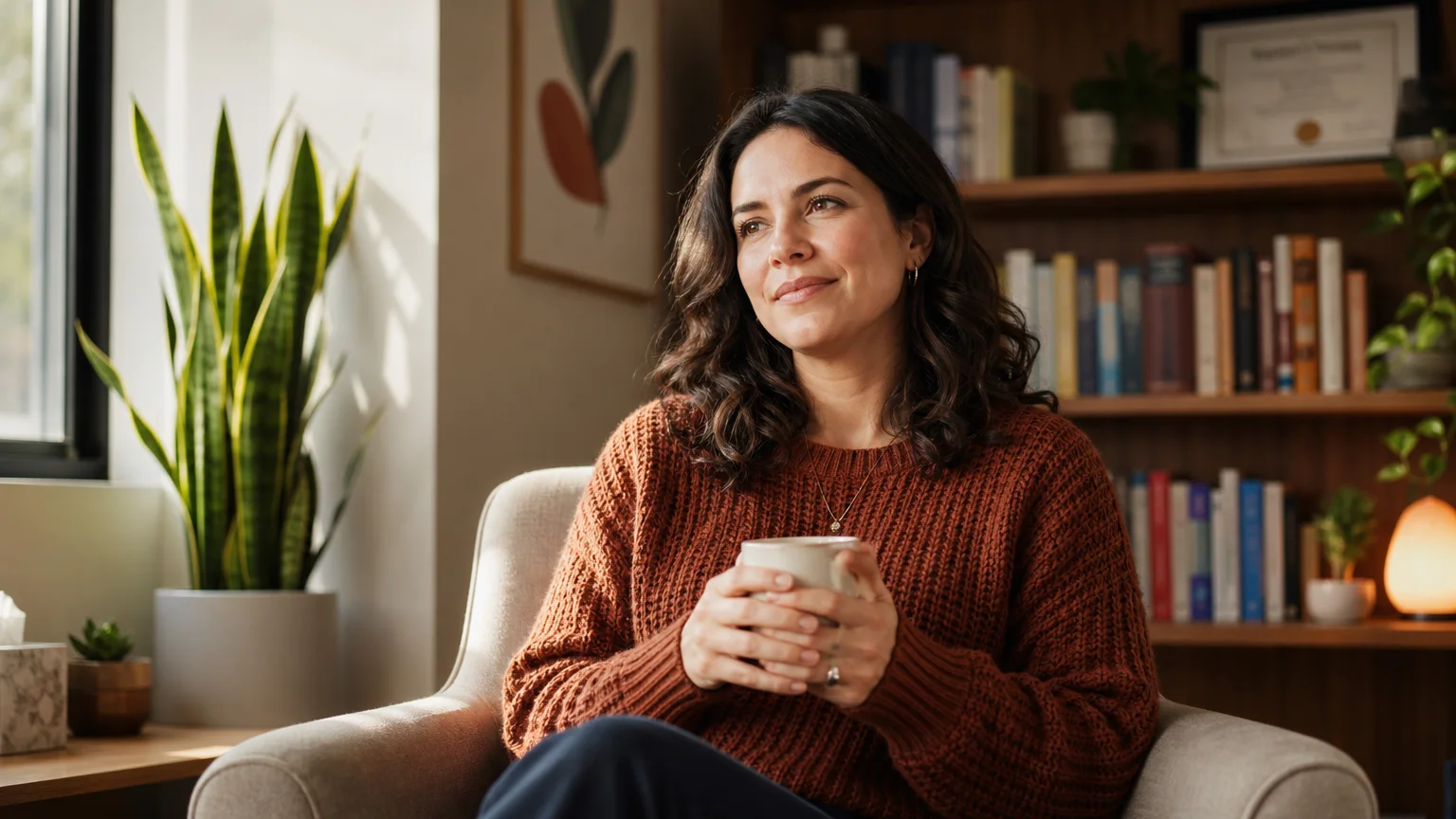 A photograph of a person sitting in a warm, light-filled therapist's office, holding a mug and looking reflective.