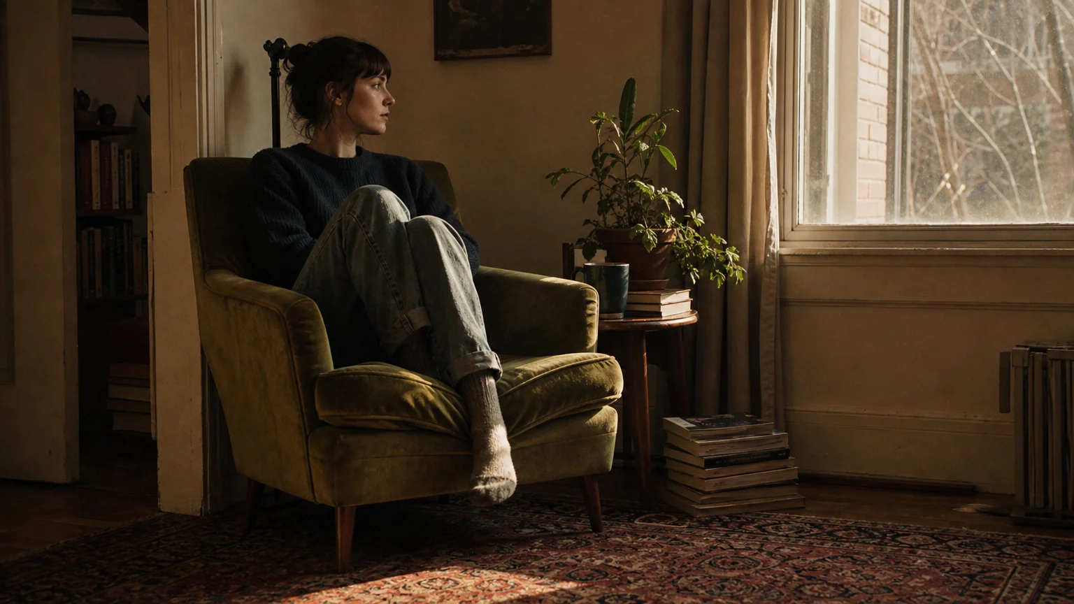 A photograph of a person sitting quietly in an armchair, looking blankly out a window in a dimly lit, cozy room.