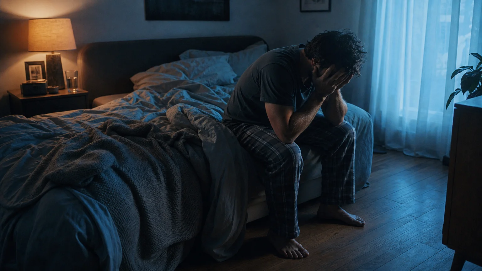 A photograph of an exhausted person sitting on the edge of an unmade bed in the cool blue light of early morning.