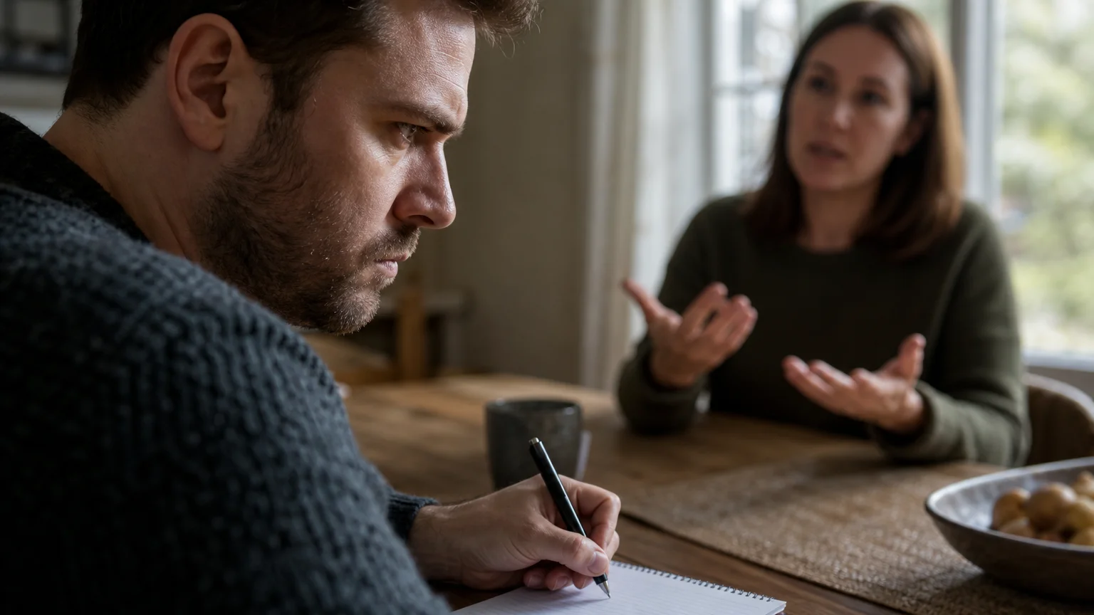 A photograph showing a person with a clenched jaw holding a pen, poised to write a rebuttal while their partner speaks in the background.