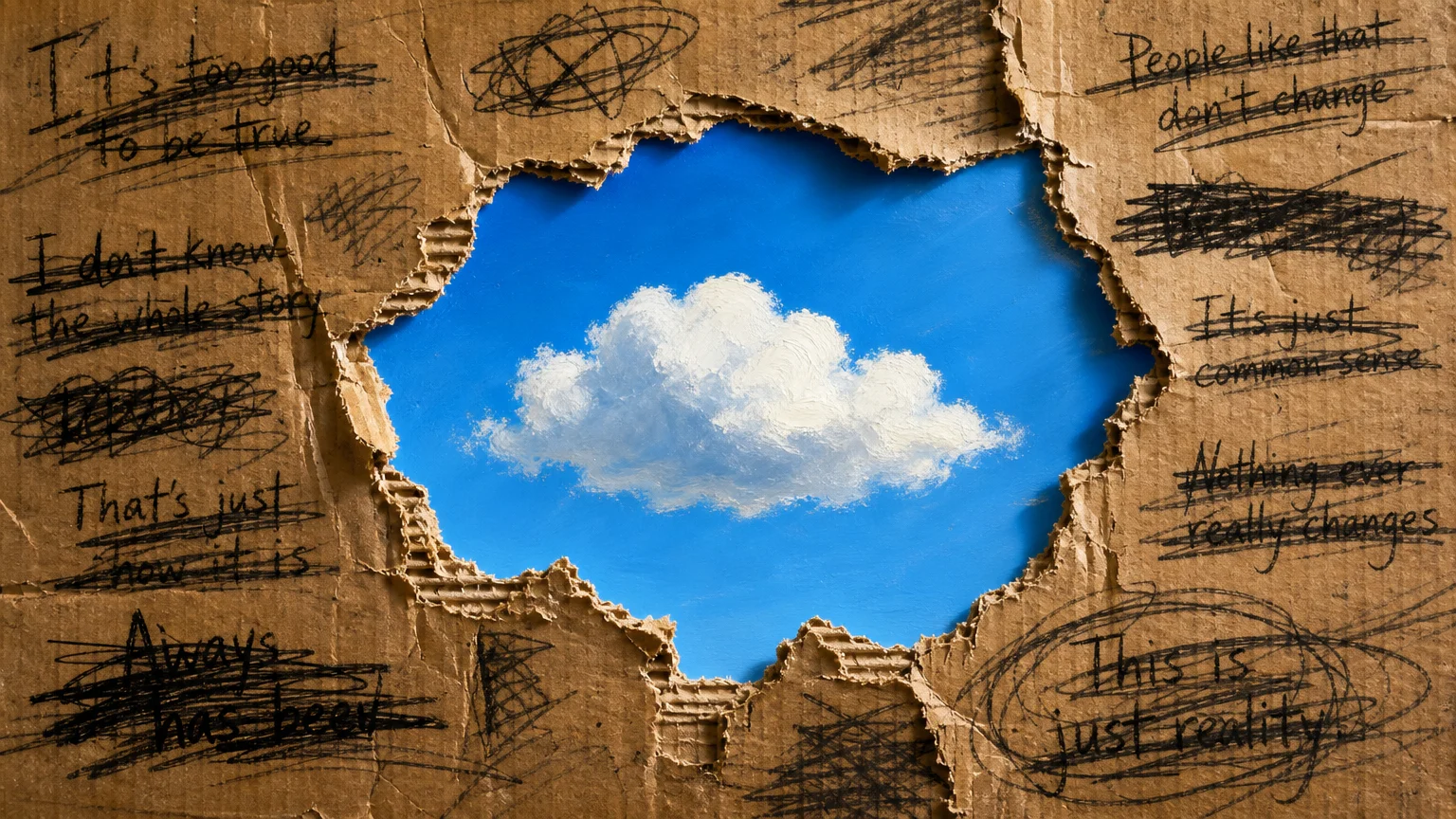 A piece of brown cardboard torn open to reveal a clear blue sky underneath, symbolizing clearing misconceptions.