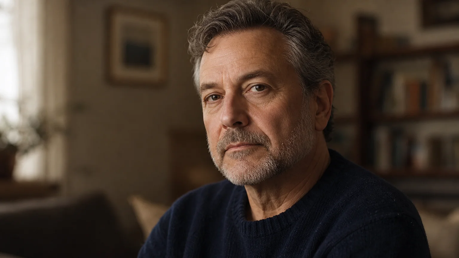 A portrait of a man with a still, neutral facial expression but warm, expressive eyes, illustrating facial masking.