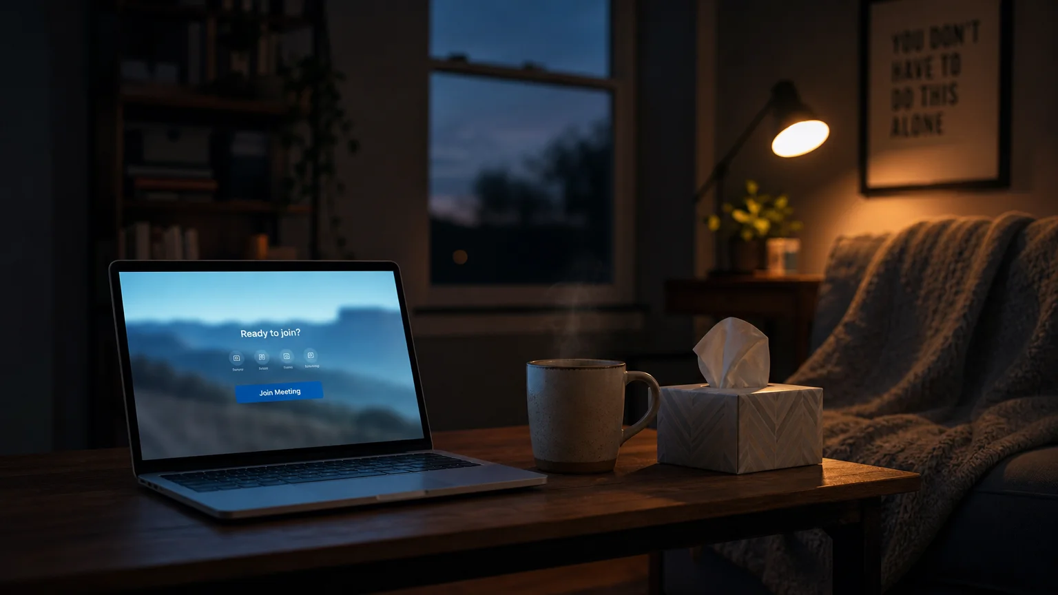 A quiet, dim room with a laptop open to a therapy session, a mug of tea, and a box of tissues.