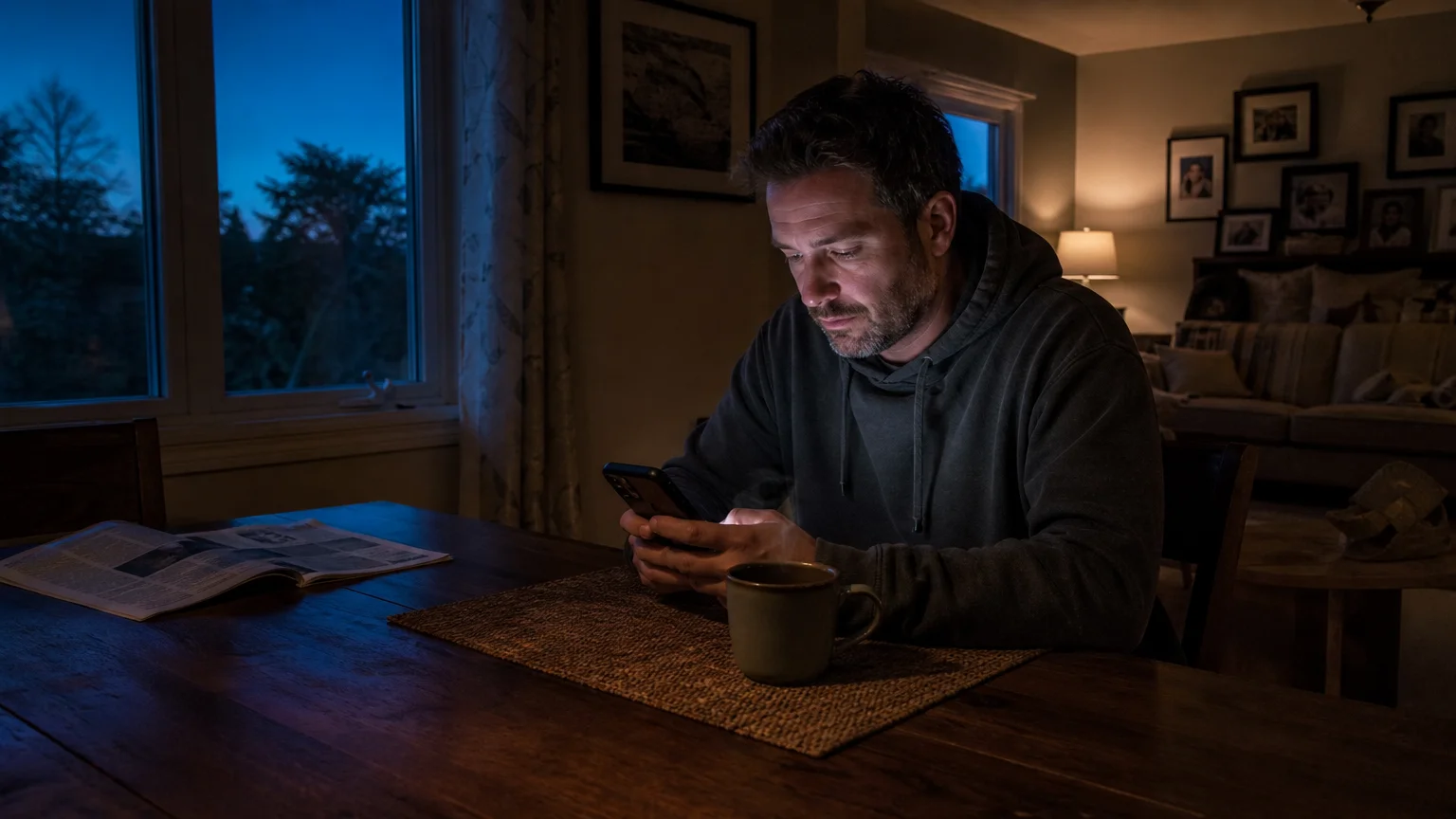A quiet photograph of a person sitting at a kitchen table at dusk, looking at their phone screen with a warm mug nearby.
