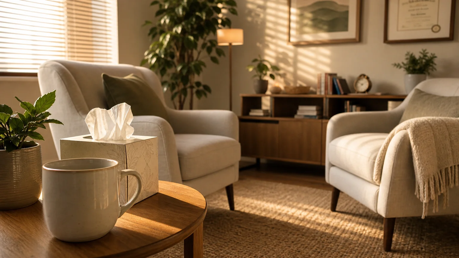 A quiet photograph of a warm, sunlit therapist's office with comfortable armchairs and a box of tissues on a side table.