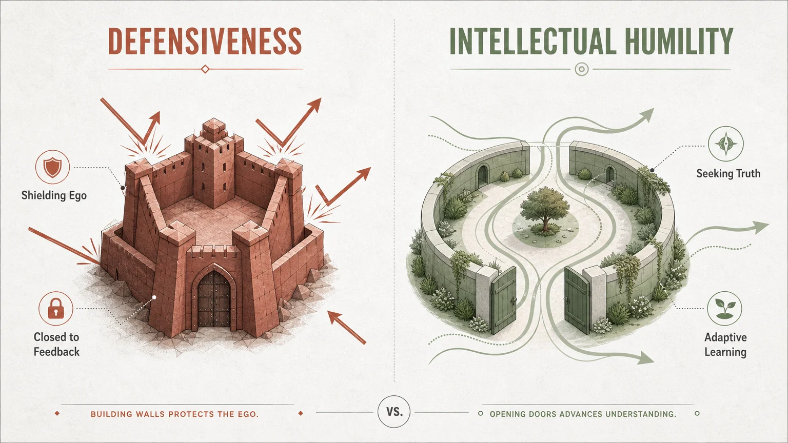 A side-by-side comparative diagram contrasting the rigid, closed fortress of defensiveness with the open, receptive flow of intellectual hum