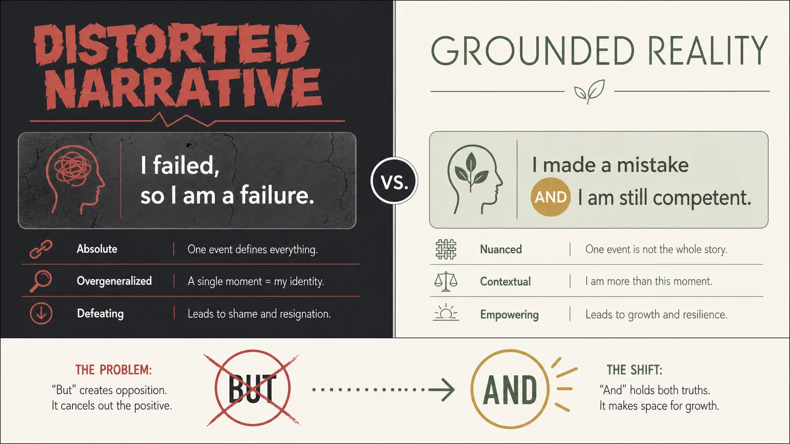 A side-by-side comparison chart showing 'Distorted Narrative' versus 'Grounded Reality' using green and gray colors.