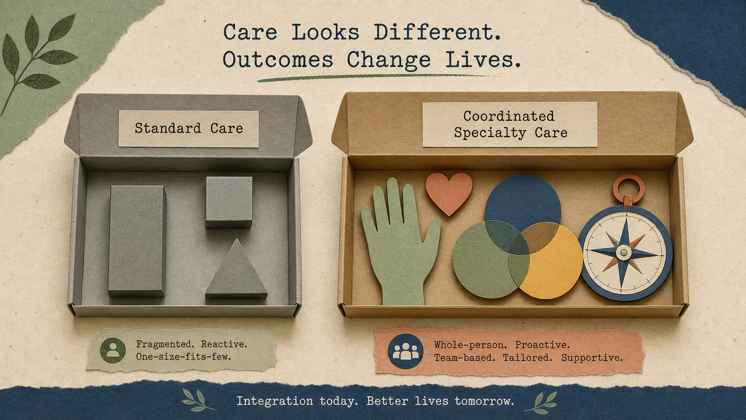 A side-by-side comparison of two care models shown as paper-craft kits, one simple and one multifaceted.