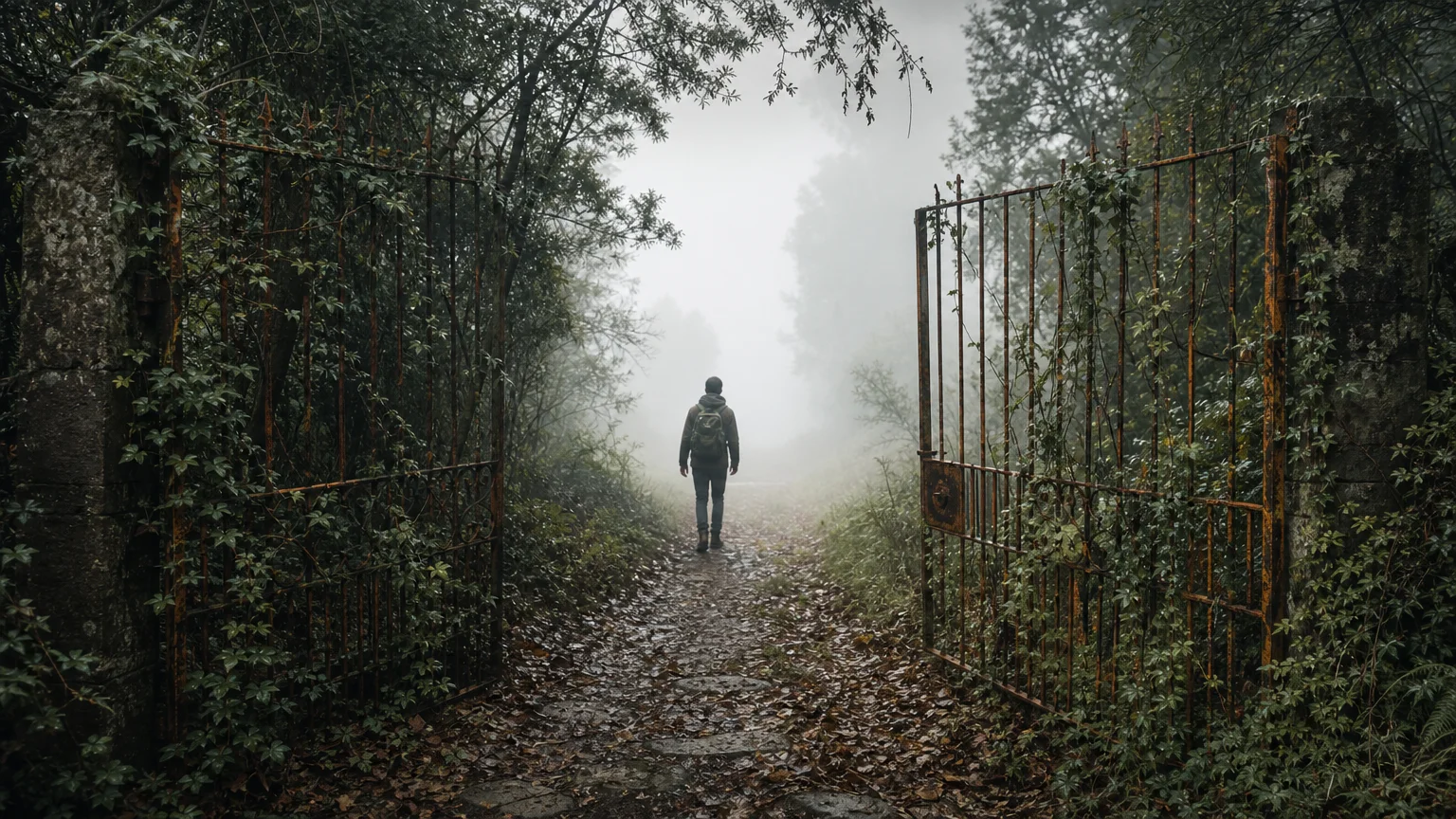 A silhouette of a person walking through an open gate toward a misty horizon, symbolizing moving on.