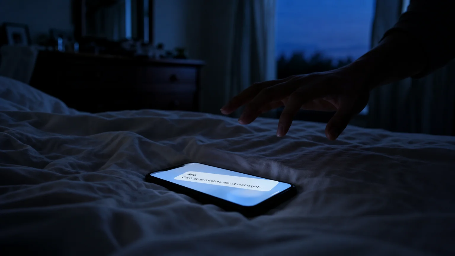 A smartphone glowing on a bed at dusk, with a hand reaching out from the shadows to grab it, symbolizing a breach of privacy.
