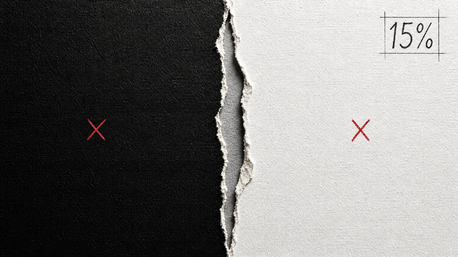 A split black and white canvas with a jagged tear in the center, representing polarized, all-or-nothing thinking.