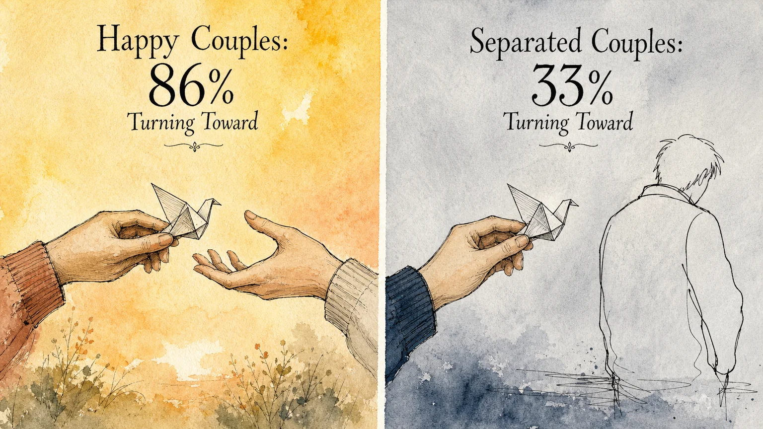 A split-screen watercolor illustration showing one couple connecting over an origami bird and another couple ignoring the gesture.