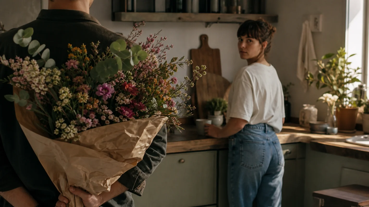 A tense kitchen scene where a person holds an overly large bouquet of flowers, suggesting uncharacteristic overcompensation.