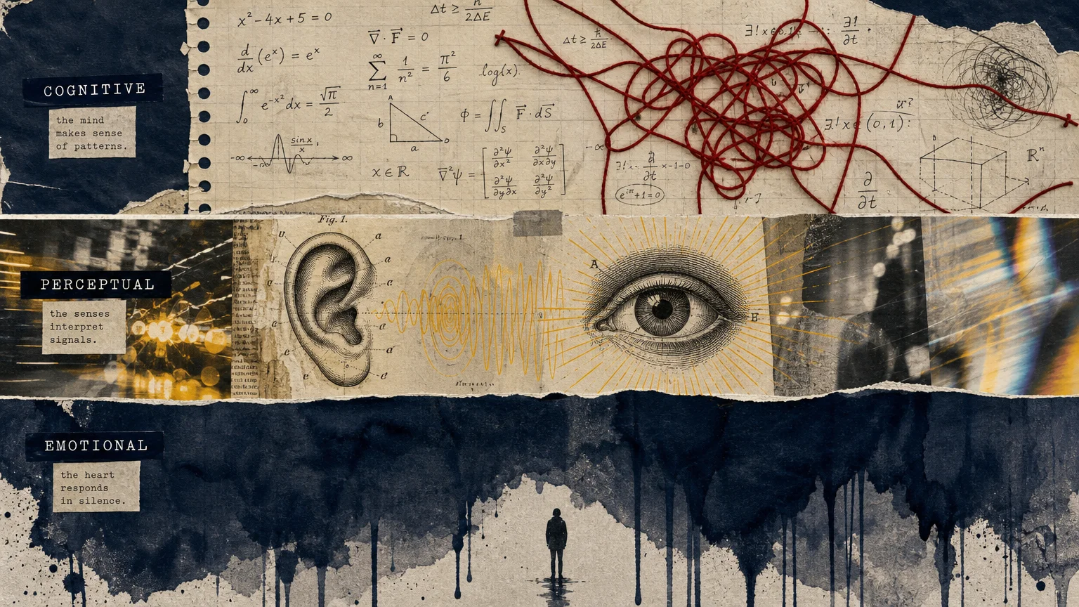A three-part collage illustrating cognitive confusion, sensory distortion, and emotional isolation using paper and ink.